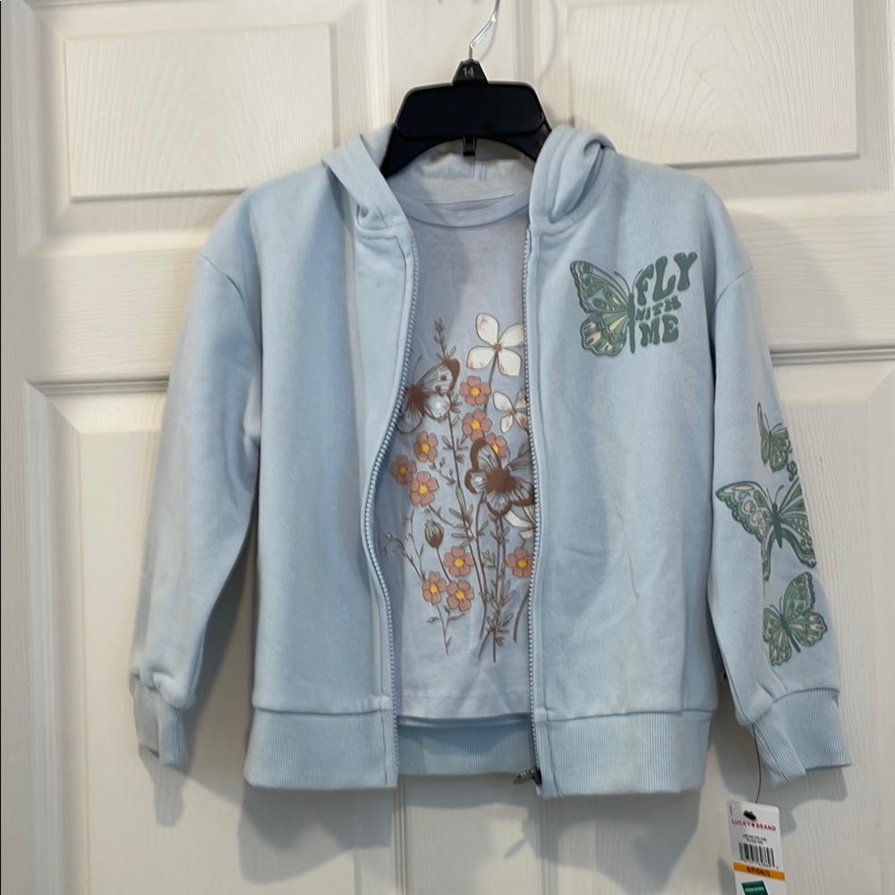 Lucky Brand Girls Fly With Me Full Zip Front Hoodie  & Tee w/ lovely butterflies